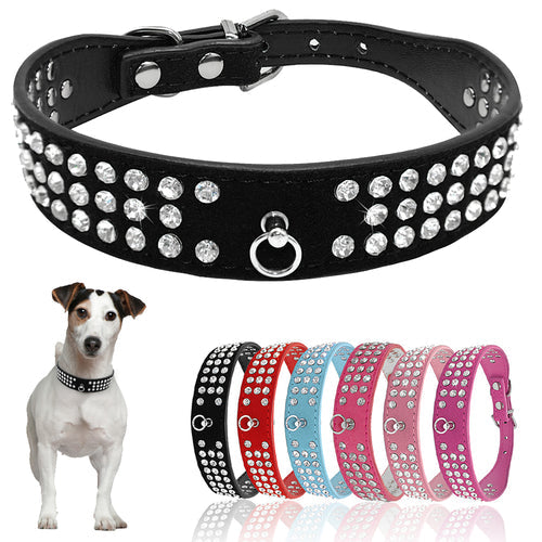 Rhinestone Dog Collar 3 Rows Suede Leather HappyPattes