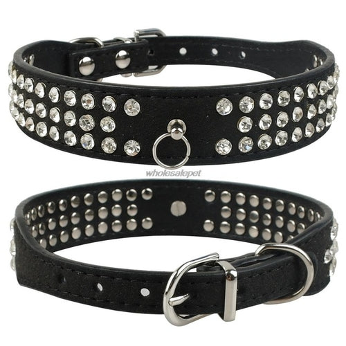 Rhinestone Dog Collar 3 Rows Suede Leather HappyPattes