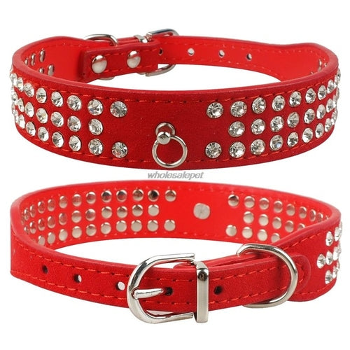 Rhinestone Dog Collar 3 Rows Suede Leather HappyPattes