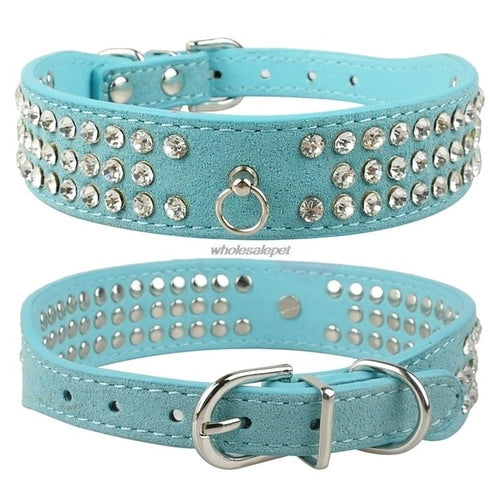 Rhinestone Dog Collar 3 Rows Suede Leather HappyPattes