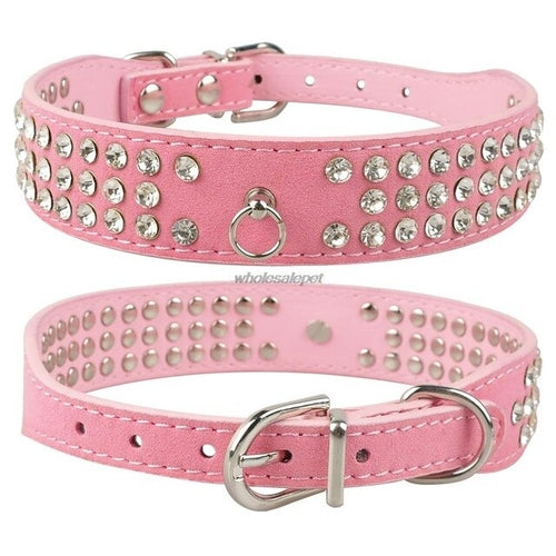 Rhinestone Dog Collar 3 Rows Suede Leather HappyPattes