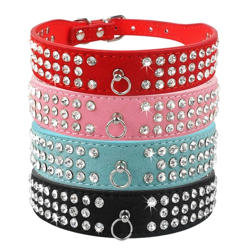 Rhinestone Dog Collar 3 Rows Suede Leather HappyPattes