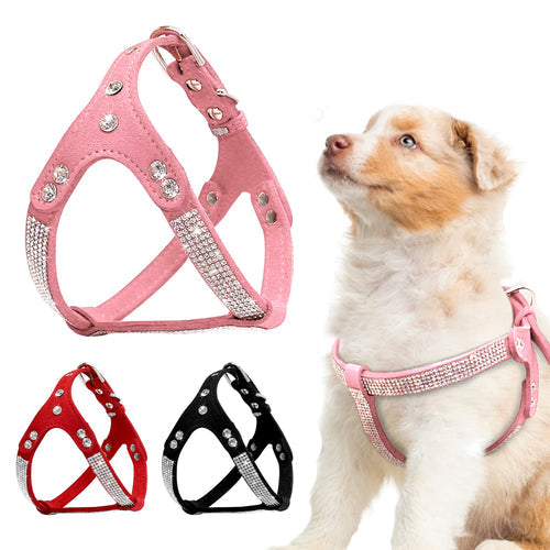 Soft Suede Leather Puppy Dog Harness Rhinestone HappyPattes